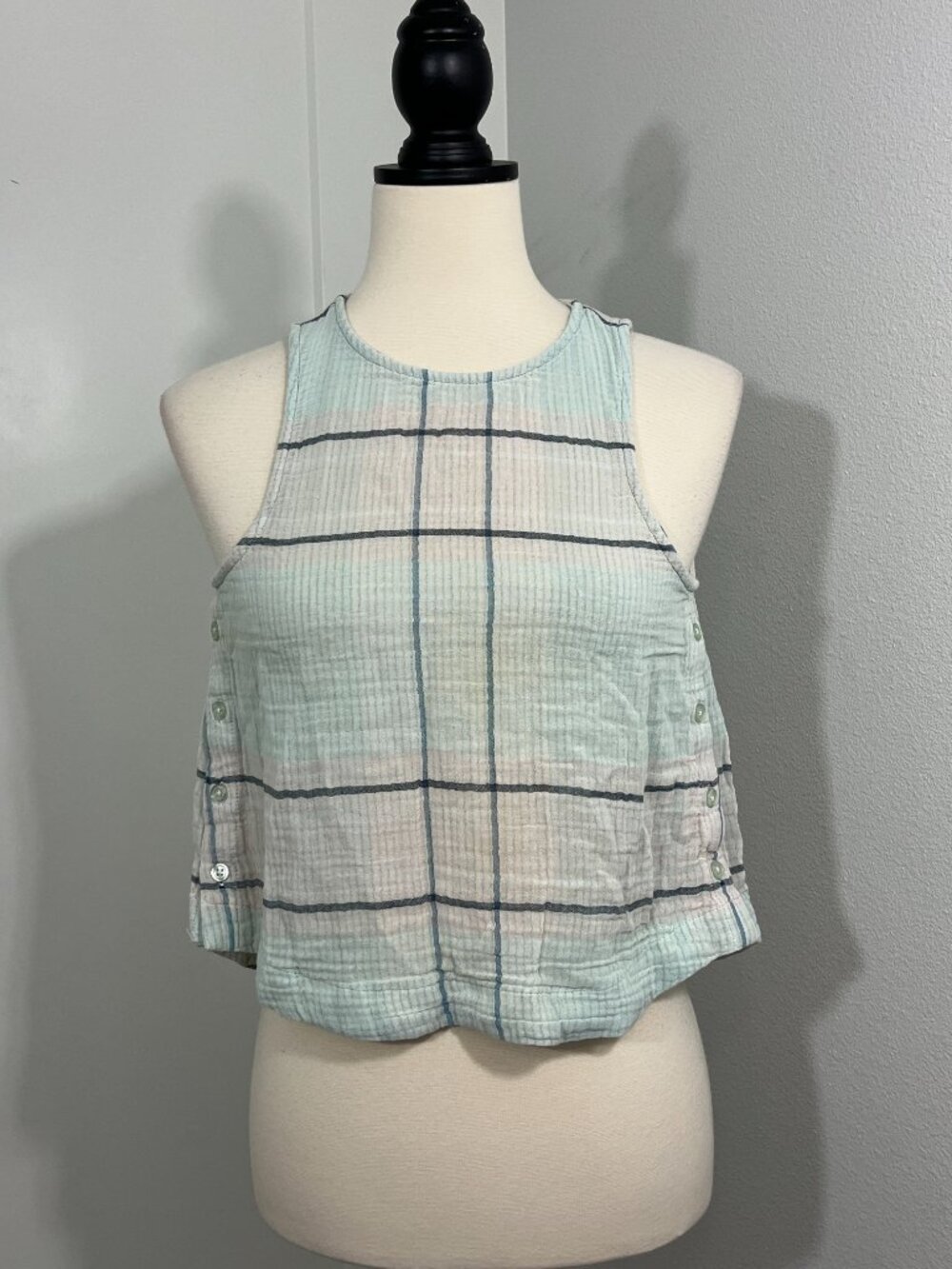 Cloth & Stone XXS Blue Green Plaid Waffle Knit Sleeveless Blouse